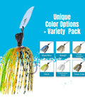 Weedless Bass Jig With Bladed Vibration Tech For Pike Walleye Muskie Six Color Lures Set shown with color options variety pack