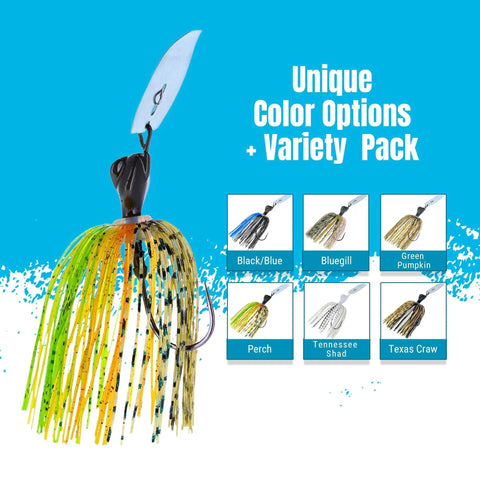 Weedless Bass Jig With Bladed Vibration Tech For Pike Walleye Muskie Six Color Lures Set shown with color options variety pack