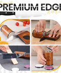 Rolling Knife Sharpener Kit With Magnetic Base and Four Angle Base, wooden roller, grit discs and leather strop in use.