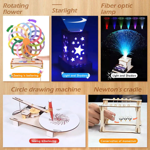 Wooden STEM Building Kit For Kids Ages 8 To 12 With Five Physics Models Including Newton Cradle Rainbow Fiber Optic Lamp