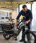 Family Cargo Ebike With Built In Child Seat And Rear Guardrail, 1500W Peak Motor, 20 Inch Fat Tires, Removable 48V 15Ah Battery, Dual Hydraulic Brakes, LCD And App Control, 7 Speed Step Through Electric Bicycle For Everyday Family Adventures, folded in workshop