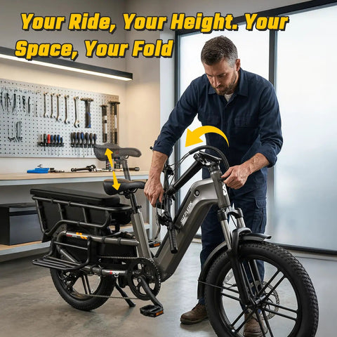 Family Cargo Ebike With Built In Child Seat And Rear Guardrail, 1500W Peak Motor, 20 Inch Fat Tires, Removable 48V 15Ah Battery, Dual Hydraulic Brakes, LCD And App Control, 7 Speed Step Through Electric Bicycle For Everyday Family Adventures, folded in workshop