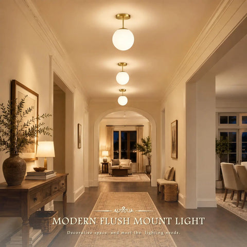 Mid Century Modern Globe Ceiling Light With Frosted Glass Ball And Totally Slick Gold Brass Finish Knockout Semi Flush Mount Fixture Comes With Dimmable E26 Warm Bulb For Hallway Stairs Or Closets in a stylish hallway.