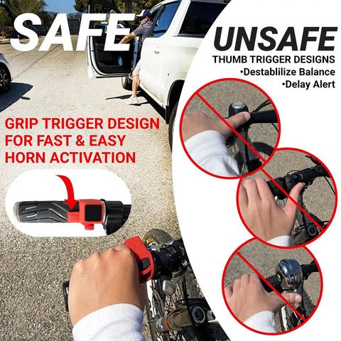 Rechargeable Bike Horn With Squeeze Trigger For Instant Alerts Up To 120 dB No-Fuss Install On Bicycles E-Bikes And Scooters One-Hand Operation Left Handle Mount Quick Charge And Long-Lasting Safety