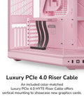 Modern Gaming Pc Case Featuring Panoramic Glass And Sleek Dual Chambers Built For Stress Free Atx Builds Fueled By Lightning Airflow Through Tidy Wire Runs Includes A Flossy PCIe 4.0 Riser Cable In Strawberry Pink showing PCIe 4.0 riser cable.