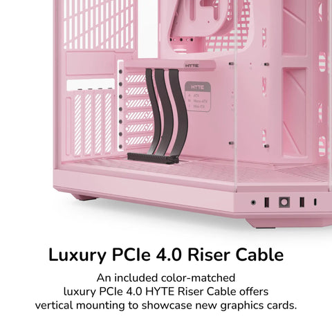 Modern Gaming Pc Case Featuring Panoramic Glass And Sleek Dual Chambers Built For Stress Free Atx Builds Fueled By Lightning Airflow Through Tidy Wire Runs Includes A Flossy PCIe 4.0 Riser Cable In Strawberry Pink showing PCIe 4.0 riser cable.