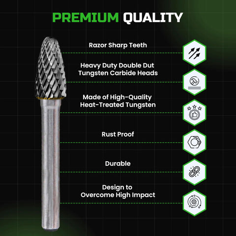 Carbide burr bit, close-up view, 1/4 in shank, double-cut tungsten carbide head