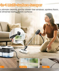 2-in-1 Multi-Surface Scraper in use; steam cleaning floors, windows, and fabric surfaces with a handheld tool.