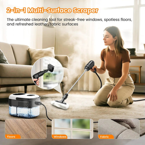 2-in-1 Multi-Surface Scraper in use; steam cleaning floors, windows, and fabric surfaces with a handheld tool.