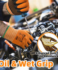 Foam Nitrile Coated Safety Gardening Work Gloves With MicroDot Grip used in automotive work, showing oil and wet grip feature.
