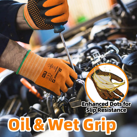 Foam Nitrile Coated Safety Gardening Work Gloves With MicroDot Grip used in automotive work, showing oil and wet grip feature.