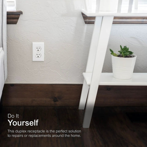 UltraPro Duplex Heavy Duty Wall Outlet With Reinforced Yoke And Self Grounding Clip 3 Prong 15A White UL Listed Receptacle installed on a wall.