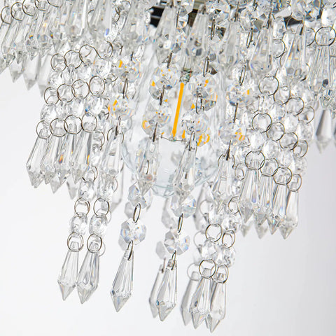 Close-up of modern 3-tier crystal strands on chandelier, chrome finish, from Modern 3 Tier Crystal Chandelier Mini Chandelier Flush Mount Ceiling Light Fixture Hexagon Hanging Pendant Lights For Dining Room Kitchen Hallway Bathroom Chrome Finish E26 Compatible Shines Bright