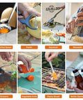 Collage of Camping Cooking Utensils Set 16 Piece Camp Kitchen Kit With Organizer Bag, showing spoon, peeler, slicer, and more in use.
