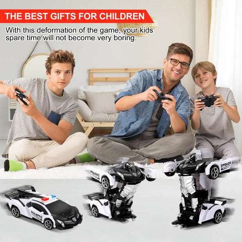 Kids playing with transforming remote control car for kids two in one vehicle converts to a robot with one button deformation