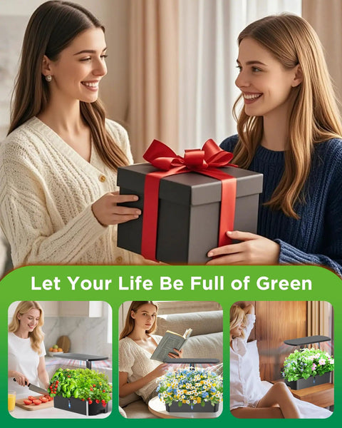 Two women exchanging a gift with images of Smart Indoor Herb Garden Kit With 24W LED Grow Light in use below.