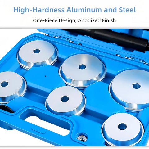 Pro Grade 13 Piece Wheel Bearing Press Kit with race and seal driver set showing aluminum driver discs in blue case