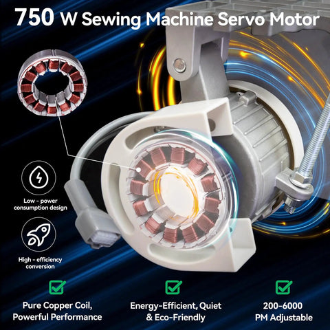 Close-up of 750W Ultra Quiet Pro Grade Sewing Machine Servo Motor with energy-saving low power design for home studio use