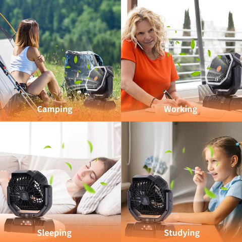 Beast 20000mAh Portable Camping Fan with Remote Control shown in use for camping, working, sleeping, and studying.