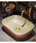 Slick Vintage Rectangular Vessel Sink For Above Counter Vanities, 16 Inch Porcelain Ceramic Wash Basin with unique speckled finish.