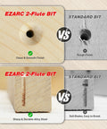 Comparison of EZARC 2-Flute BIT and standard bit in wood surfaces, highlighting clean and smooth finish versus rough finish.