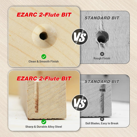 Comparison of EZARC 2-Flute BIT and standard bit in wood surfaces, highlighting clean and smooth finish versus rough finish.