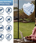 Magnetic Screen Door Mesh Fits 36 By 80 Inch Door Curtain Size 38 By 82 Ideal For Patio And Sliding Doors Keeps Bugs Out And Delivers Fresh Air Flow Black installed on a patio door with insect prevention icons.