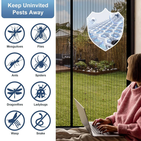 Magnetic Screen Door Mesh Fits 36 By 80 Inch Door Curtain Size 38 By 82 Ideal For Patio And Sliding Doors Keeps Bugs Out And Delivers Fresh Air Flow Black installed on a patio door with insect prevention icons.