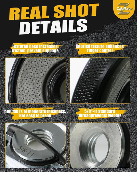 Close-up of 2 Pack 5/8-11 Angle Grinder Flange Nuts with knurled arbor, quick release silver D-ring, and tool-free attachments.