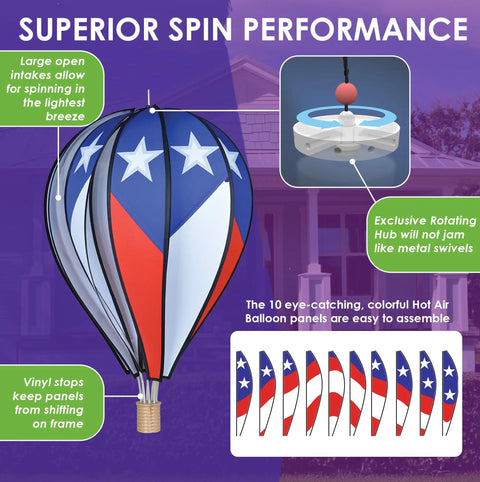 Patriotic Hot Air Balloon Wind Spinner For Outdoors in USA flag colors with superior spin performance and weather-resistant features.