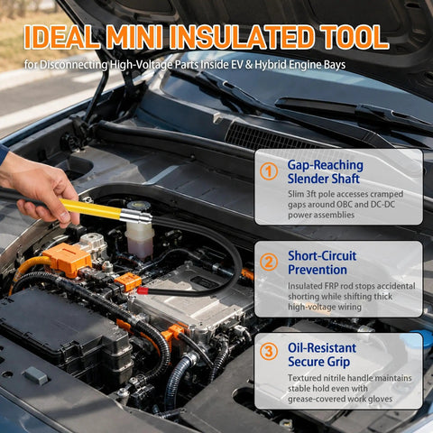 Beefy One Piece Insulated Rescue Hook Rated at 35 KV Solid Electrician Pole for EV and Hybrid Car Repair Road Ready Safety Gear Built Tough for Field Techs Everyday in use inside engine bay.