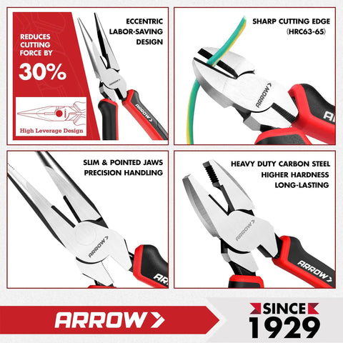 3 Piece Pliers Set Including 8.5 Inch Linesman, 8 Inch Needle Nose Pliers, 6 Inch Diagonal Cutter, Comfortable Ergonomic Anti Slip Handles