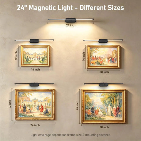 Twenty Four Inch Wireless Picture Light For Wall Rechargeable Art Lamp With Remote 8000 Mah Battery Pack showcasing sizes above framed art.