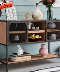 Rock Solid Industrial Buffet Sideboard Console Table With Rustic Farmhouse Barnwood Vibe And Heavy Metal Grid Doors showing storage and decor items.