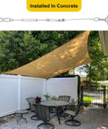 Heavy Duty Shade Sail Hardware Kit With 304 Stainless Steel Turnbuckles And Wire Ropes For Triangle Rectangle And Square Sun Shade Sails Built To Endure Patios Gardens Lawns And Outdoor Setups displayed over a patio area with outdoor furniture.