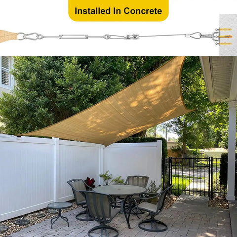 Heavy Duty Shade Sail Hardware Kit With 304 Stainless Steel Turnbuckles And Wire Ropes For Triangle Rectangle And Square Sun Shade Sails Built To Endure Patios Gardens Lawns And Outdoor Setups displayed over a patio area with outdoor furniture.