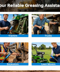 Heavy Duty 8000 PSI Lever Grease Gun Kit Built For Pro Grade Lubrication With 0.53 Inch Grease Coupler 90 Degree Adapter And 18 Inch Flexible Hose For Auto Farm And Shop being used on various equipment like tractors, trucks, excavators, and lawn movers.