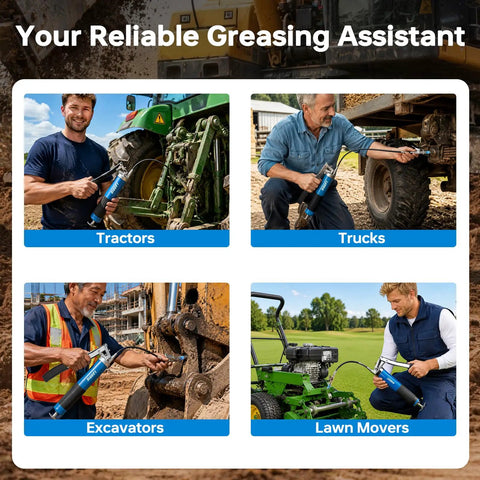 Heavy Duty 8000 PSI Lever Grease Gun Kit Built For Pro Grade Lubrication With 0.53 Inch Grease Coupler 90 Degree Adapter And 18 Inch Flexible Hose For Auto Farm And Shop being used on various equipment like tractors, trucks, excavators, and lawn movers.