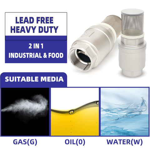 Foot valve with filter, stainless steel bottom, 2-1/2in NPT threaded connection, vertical spring check valve (Amazon)