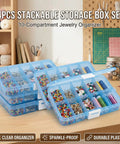 Set of blue 4 Pack Plastic Organizer Boxes With 40 Grids, stackable jewelry and craft storage case on a desk.