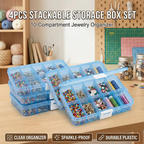 Set of blue 4 Pack Plastic Organizer Boxes With 40 Grids, stackable jewelry and craft storage case on a desk.