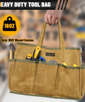 Waxed Canvas Tool Tote Bag With Large Capacity And 10 External Pockets for tools, held by hand, khaki material, 160z heavy duty
