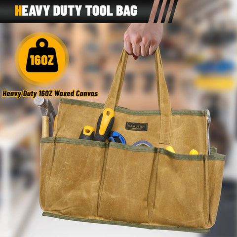 Waxed Canvas Tool Tote Bag With Large Capacity And 10 External Pockets for tools, held by hand, khaki material, 160z heavy duty