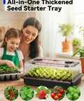 Family using Seed Starter Tray With Grow Lights 54-Cell Kit, Humidity Dome, and adjustable brightness LED Grow Light Bars indoors