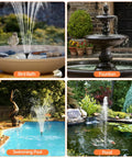 Four outdoor water features: bird bath, fountain, swimming pool, and pond using 20W Solar Water Pump Kit With 320GPH Flow 7 Sprayers.
