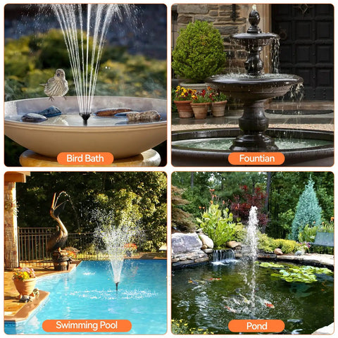 Four outdoor water features: bird bath, fountain, swimming pool, and pond using 20W Solar Water Pump Kit With 320GPH Flow 7 Sprayers.