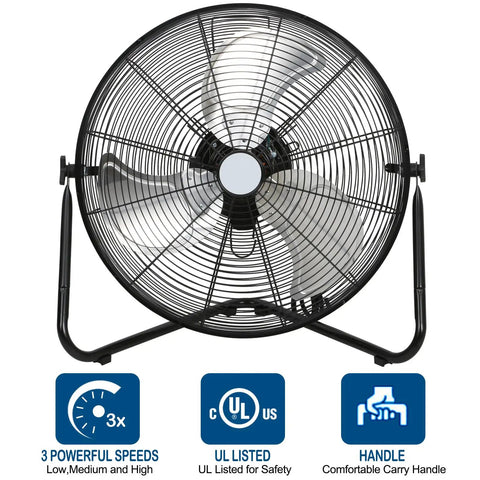 High Velocity 20 Inch Floor Fan With Three Speed Settings And Heavy Duty Metal Build Workhorse for industrial use, front view