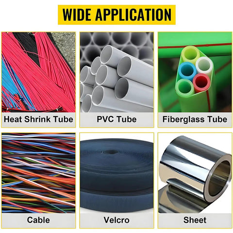 Wide application of Essential Auto Electric PVC Heat Shrink Tube Cutter showcasing heat shrink, PVC, fiberglass tubes, cables, velcro, and sheet materials.