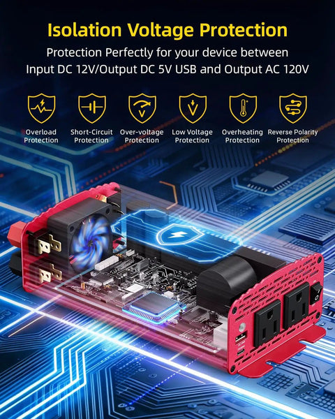Internal view of 500W Pure Sine Wave Power Inverter With PD30W And QC18W Power Up 12V DC to 110V AC, showcasing voltage protection features.