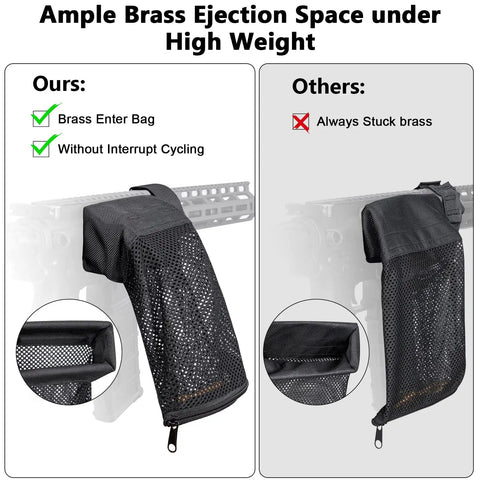 Comparison of Beefy Heavy Duty Brass Shell Catcher Mesh with Heat Resistant Padding on rifle, showing ample ejection space and zippered bottom.